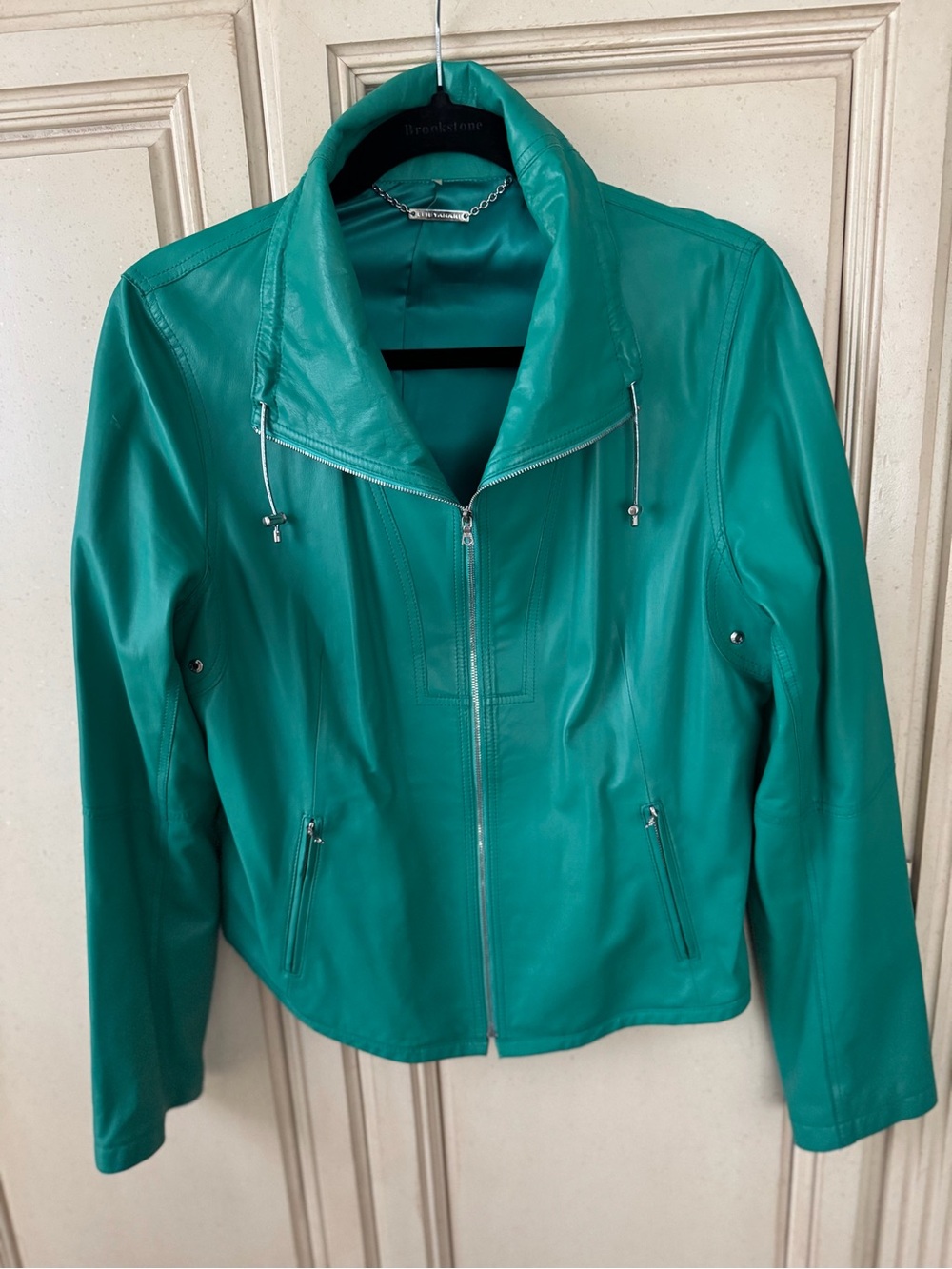 Elie Tahari Teal Green Leather Zip-Front Jacket